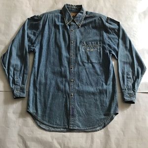 Port Authority Denim button down shirt. Rhinestone embellishments.